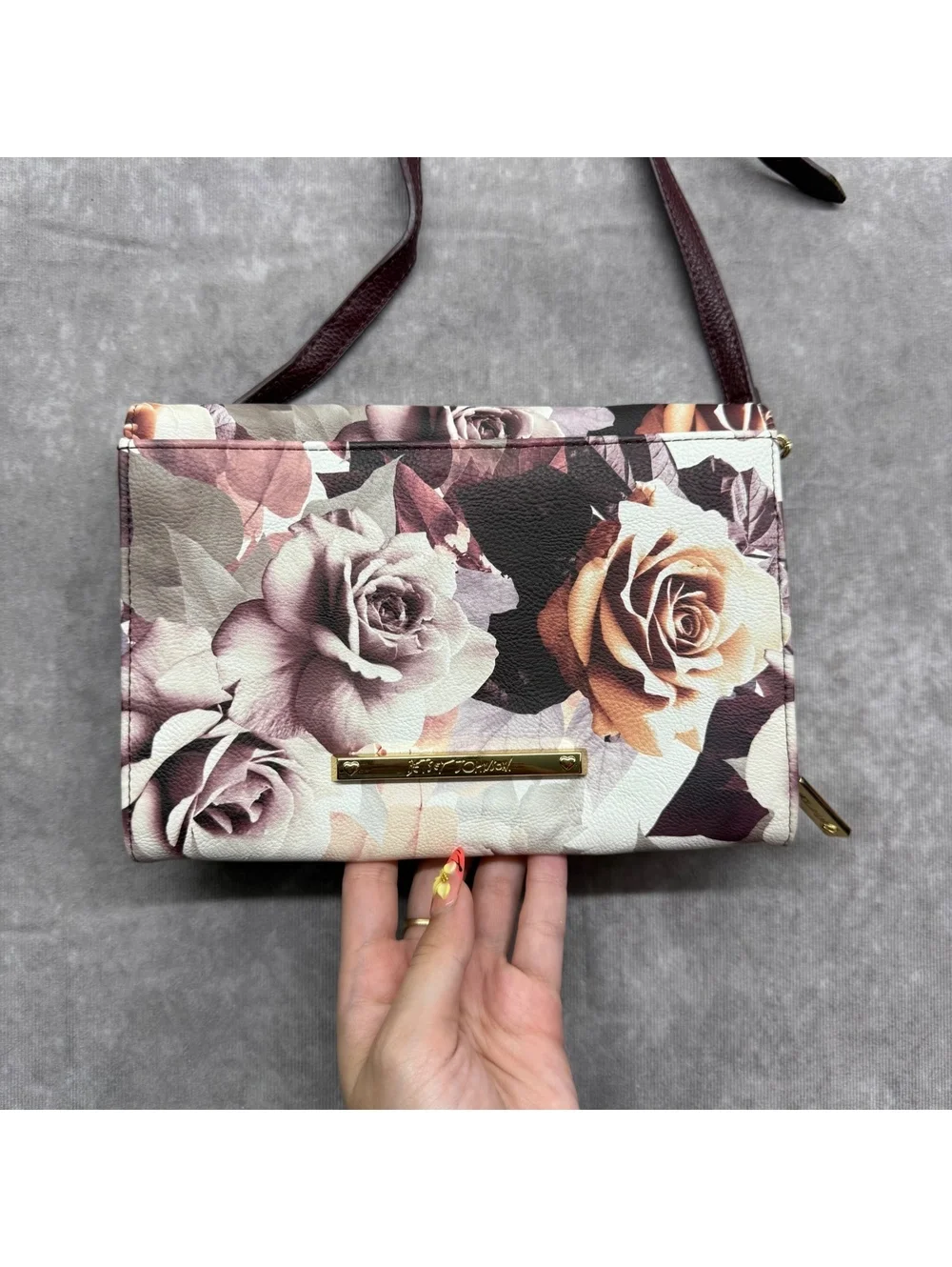 Betsey Johnson Burgundy Rose Floral Leather Bow Crossbody Bag